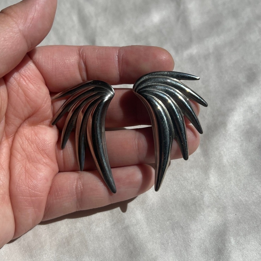 Silver Wing Chunky Stud Statement Earrings OS Cyberpunk Gothic Edgy Grunge Alt